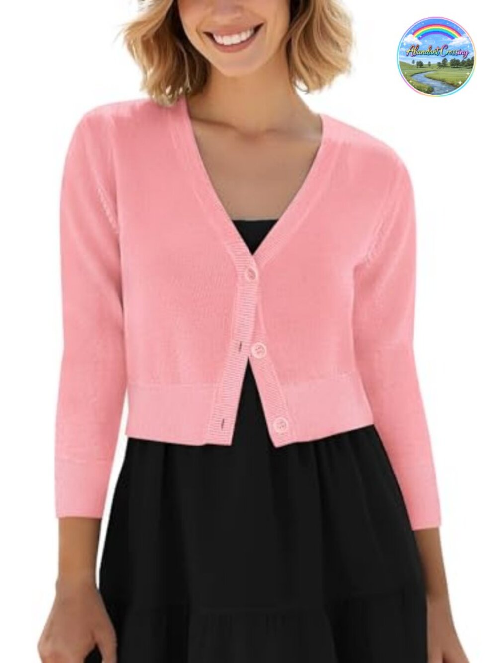 Cropped Cardigan V-Neck Button Down Knit Sweater 3/4 Sleeve Shrug
